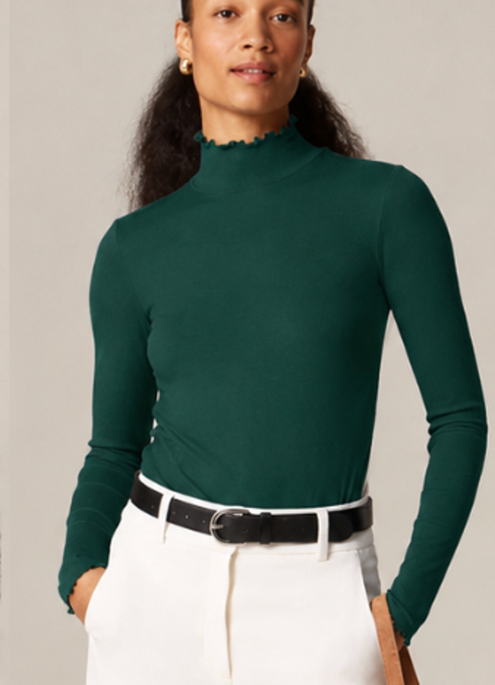 NEW J.CREW Lettuce Ruffle Trimmed Turtleneck Top Green